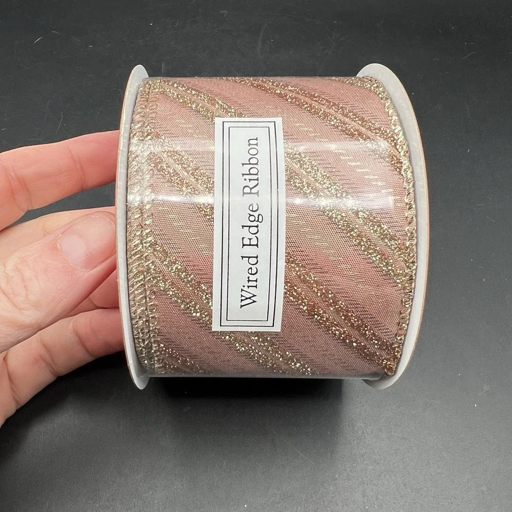 Pink Rose Gold Metallic Glitter Wired Edge Ribbon Roll 30' x 2.5